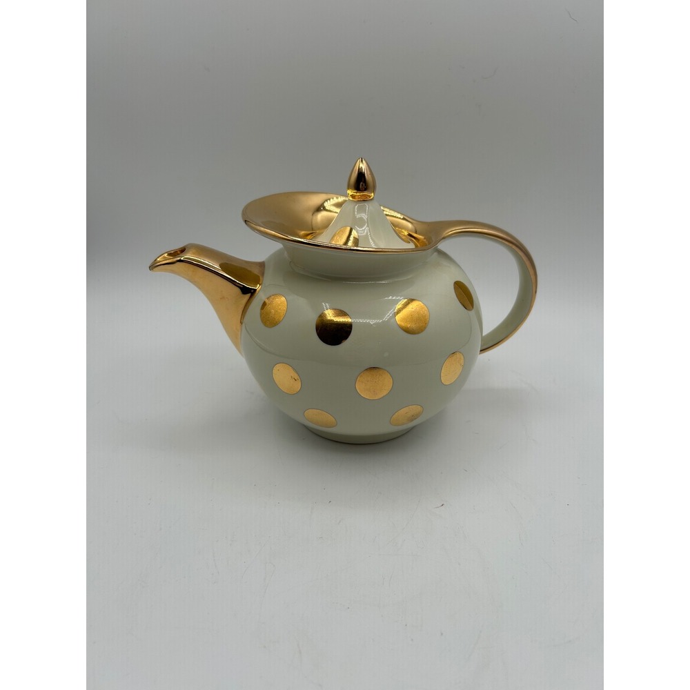 Hall Teapot 6 Cup Cream Ivory Gold  Dot Vintage Mid Century Modern Ceramic